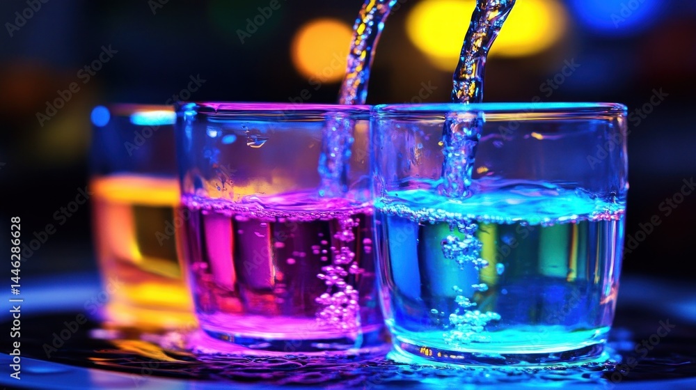 Colorful liquid being poured into clear drinking glasses