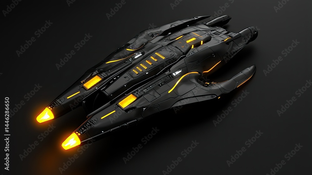 A futuristic spaceship with glowing lights is displayed against darkness