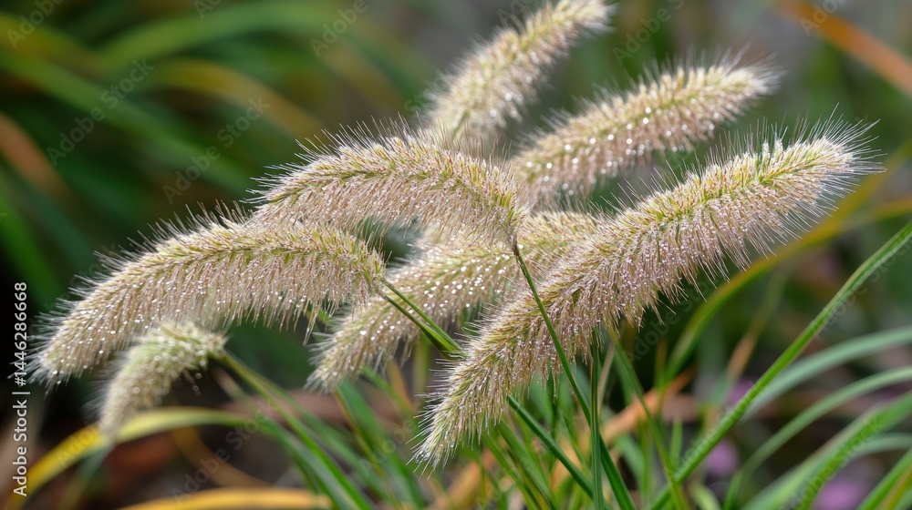 Dew covered fountain grass plumes gleam in the soft light