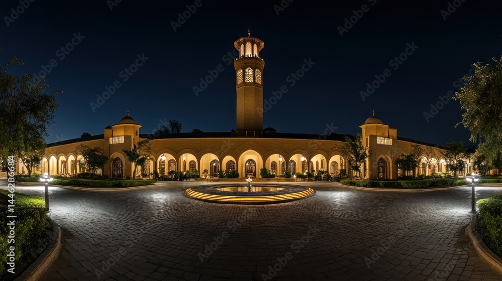 Illuminated building with arched walkway and prominent tower at night