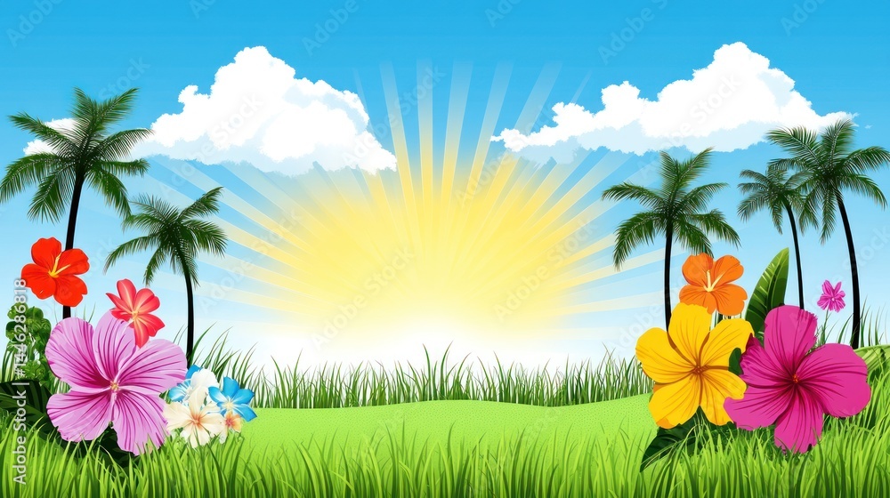 Sunny tropical illustration featuring palm trees and bright flowers