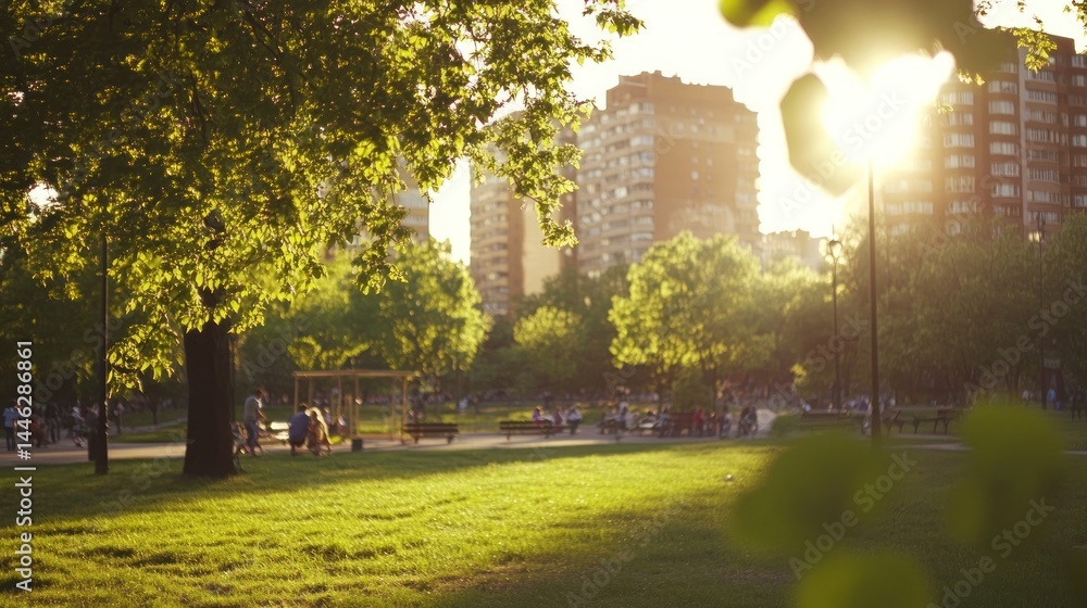 City park scene with trees people and sunset light