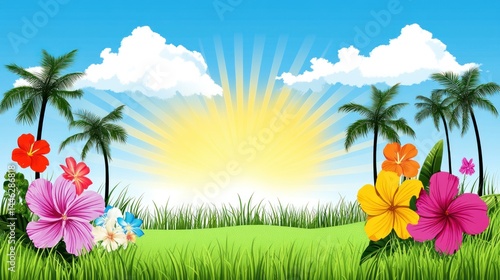 Obraz na płótnie Sunny tropical illustration featuring palm trees and bright flowers w salonie