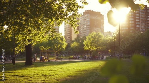 Obraz na płótnie City park scene with trees people and sunset light w salonie