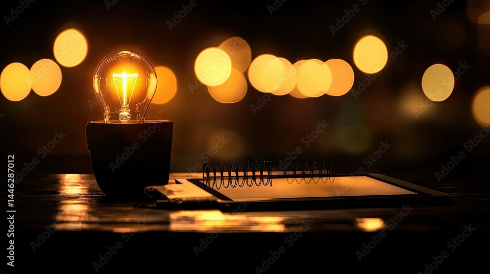 Illuminated Light Bulb Near a Notebook and a Blurry Bokeh Background