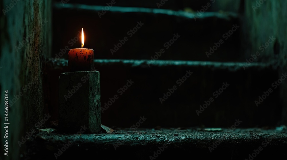 A dimly lit staircase with a burning candle upon a step