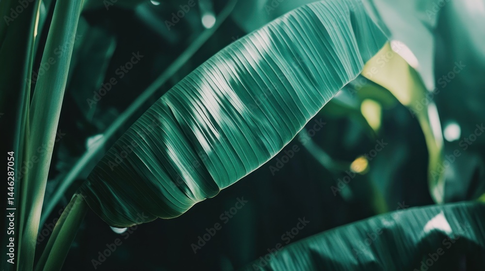 Close up of vibrant green banana leaves in nature