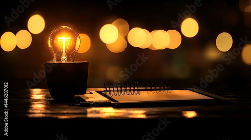 Obraz na płótnie Illuminated Light Bulb Near a Notebook and a Blurry Bokeh Background w salonie