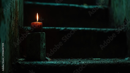 Obraz na płótnie A dimly lit staircase with a burning candle upon a step w salonie