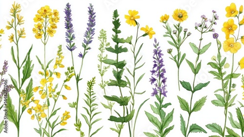 Watercolor painting of various wildflowers with yellow and purple blooms