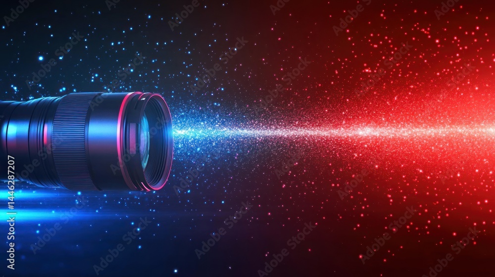 A camera lens emits light transitioning from blue to red