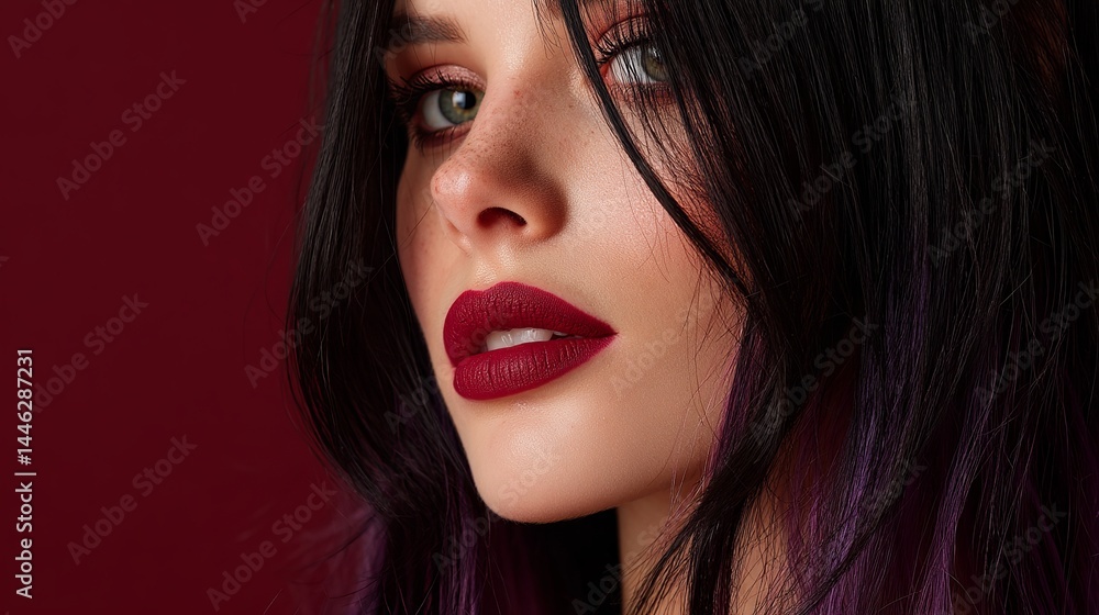 Fototapeta premium Woman with dark hair and red lipstick posing against a rich red background