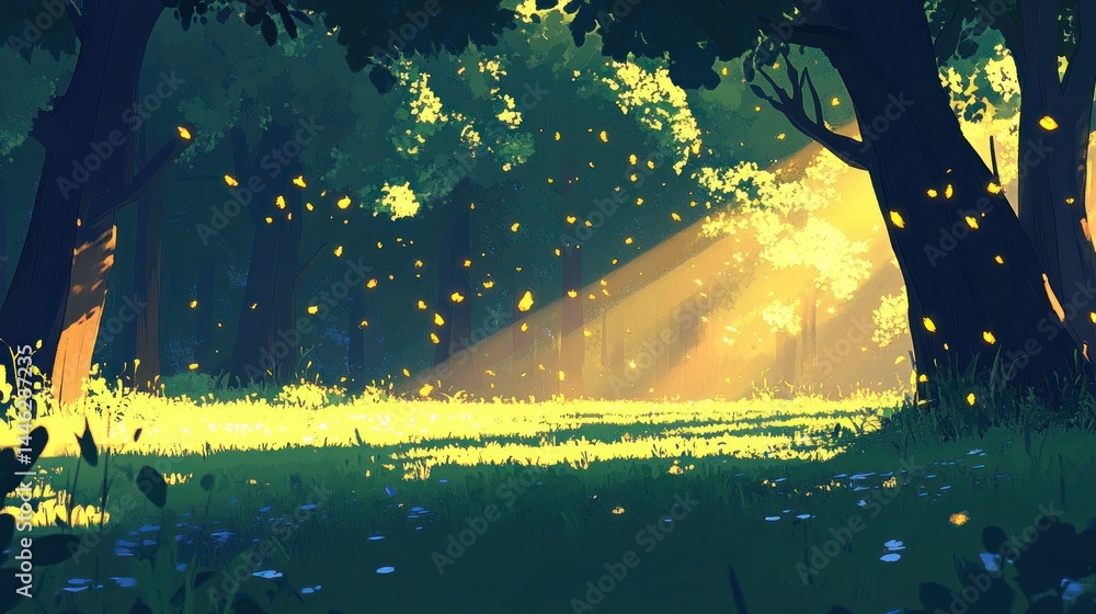 Forest scene with sunlight streaming through the trees