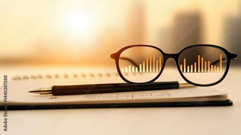 Eyeglasses revealing a financial chart on a notebook and desk
