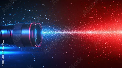 Obraz na płótnie A camera lens emits light transitioning from blue to red w salonie