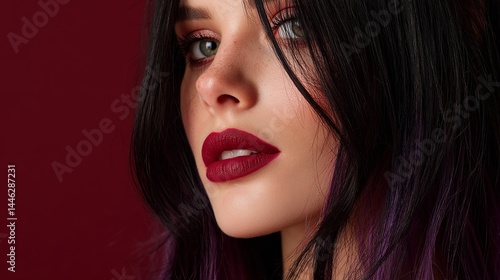 Wallpaper Mural Woman with dark hair and red lipstick posing against a rich red background Torontodigital.ca