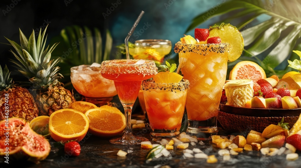 Vibrant tropical cocktails and fresh fruits presented in artistic display