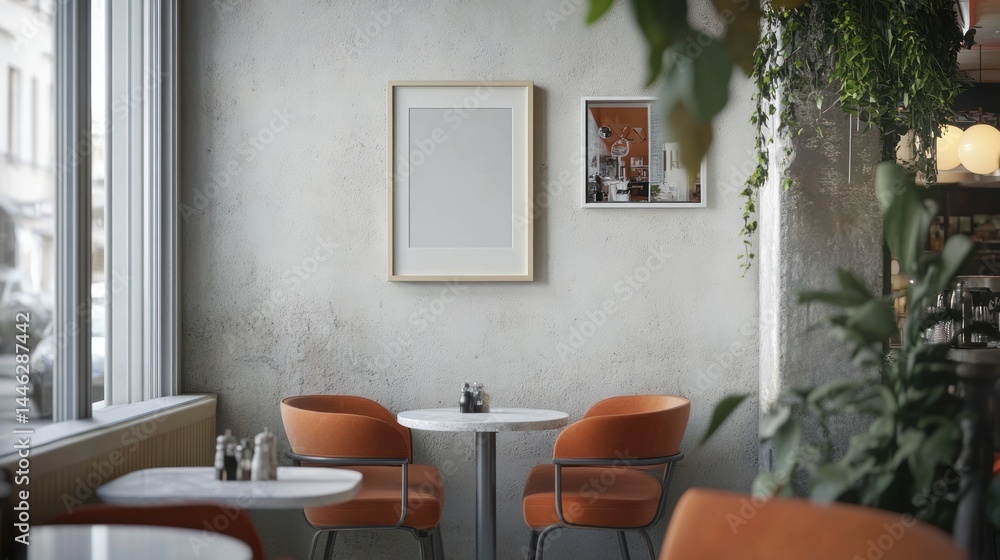 Restaurant interior features modern design with orange chairs tables