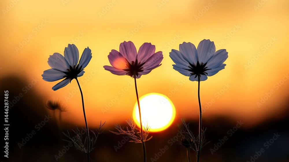 Three delicate flowers silhouetted against the glowing sunset horizon