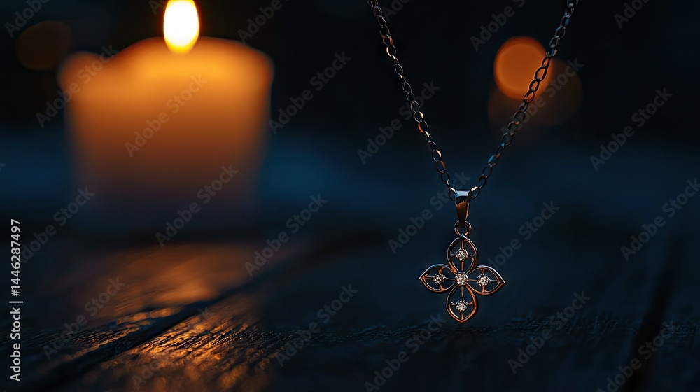 A beautiful pendant necklace illuminated by warm soft candlelight glow