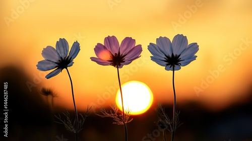 Obraz na płótnie Three delicate flowers silhouetted against the glowing sunset horizon w salonie