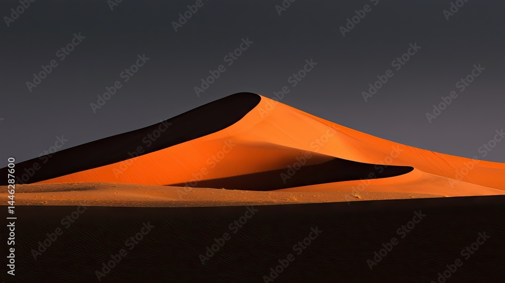 Dramatic sunlight illuminating the curves of a large sand dune