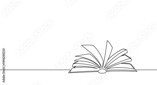 One continuous line banner open book lies on table. Education and knowledge library concept in simple linear style. Doodle vector illustration