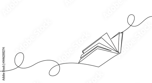 One continuous line banner open flying book. Education and knowledge library concept in simple line style. Doodle vector illustration