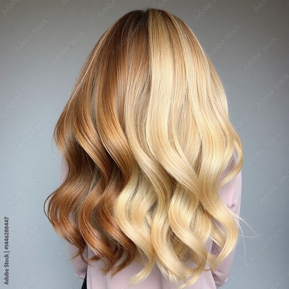 Naklejka premium Back view of woman with perfectly done curly blonde hair. Female with silky hair, haircare beauty theme
