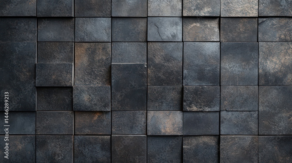 Dark, textured square tiles create a geometric wall pattern with subtle variations in shading and depth Dark, textured square tiles create a geometric wall pattern with subtle variations in shading and depth