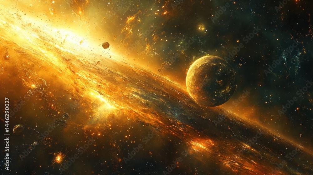 Obraz premium Stunning cosmic nebula and planet in fiery space scene