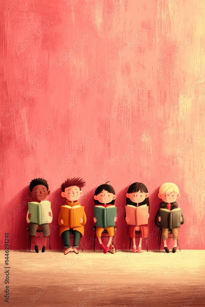 Naklejka premium Group of five children reading books together against a vibrant pink backdrop