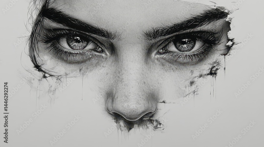 Obraz premium Monochrome close-up portrait of a young woman's eyes with intense gaze