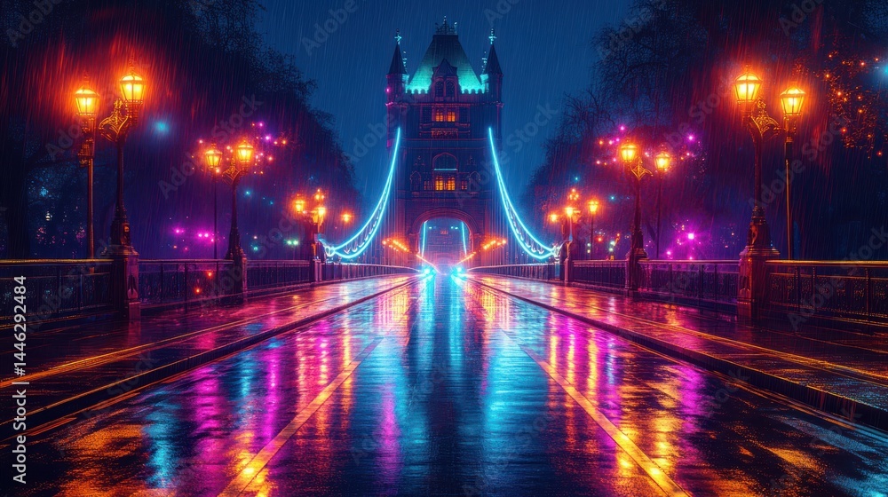 Obraz premium Rain-soaked bridge at night, vibrant colors