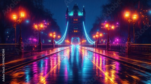 Rain-soaked bridge at night, vibrant colors