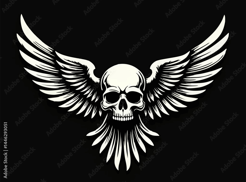 Obraz premium Biker vector t-shirt design with human skull and wings on black background. Fashionable print for fabric, paper, men clothing, hoodie, biker jacket. T shirt, tattoo template.