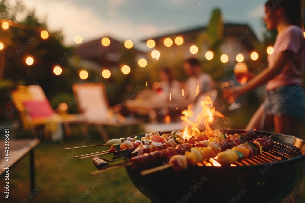 Fototapeta premium Warm evening gathering with food, drinks, and laughter outdoors