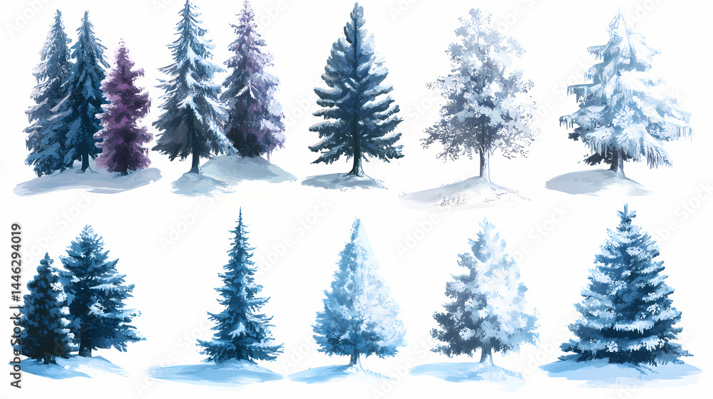 Fototapeta premium A collection of different snow-covered trees showcasing winter beauty. [Mechanical Forests] | Frozen Pines | icy trees. Illustration