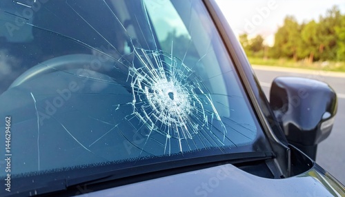 Damaged car windshield with impact cracks on a sunny day