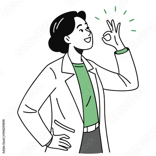 Outlined Asian Woman in Lab Coat Gesturing Okay Sign With Joyful Expression, White Background