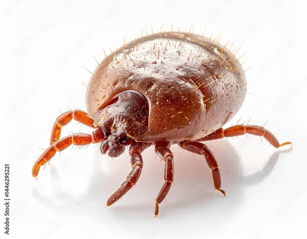 Close-up of brown arachnid: detailed view of a parasitic mite on white background Close-up of brown arachnid: detailed view of a parasitic mite on white background