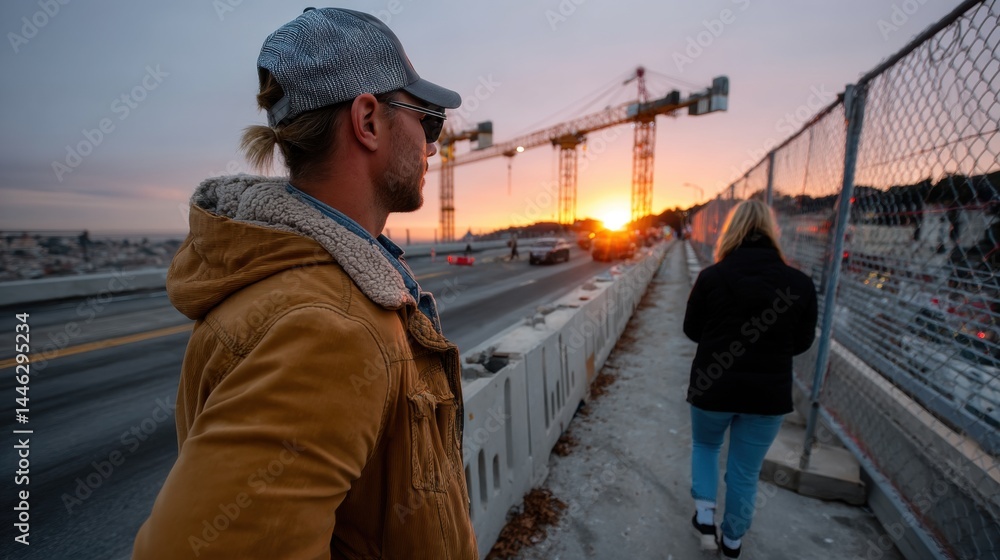 Man and woman walking along a construction site at sunset with cranes and traffic barriers Man and woman walking along a construction site at sunset with cranes and traffic barriers