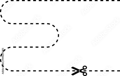 Sinuous curved dashed line with scissor icon indicating the cut path.