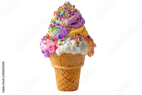 Delicious rainbow ice cream cone with colorful sprinkles sweet treat fun on transparent background