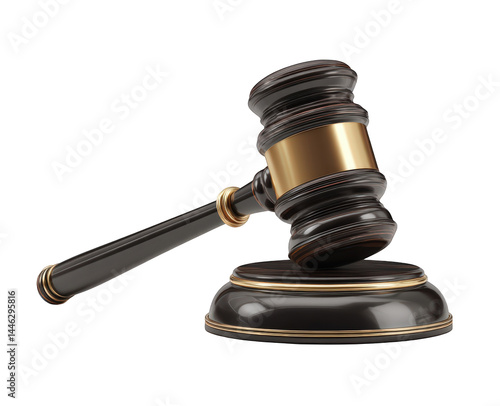 Elegant dark brown gavel with gold accents isolated on 3d law law rule on transparent background