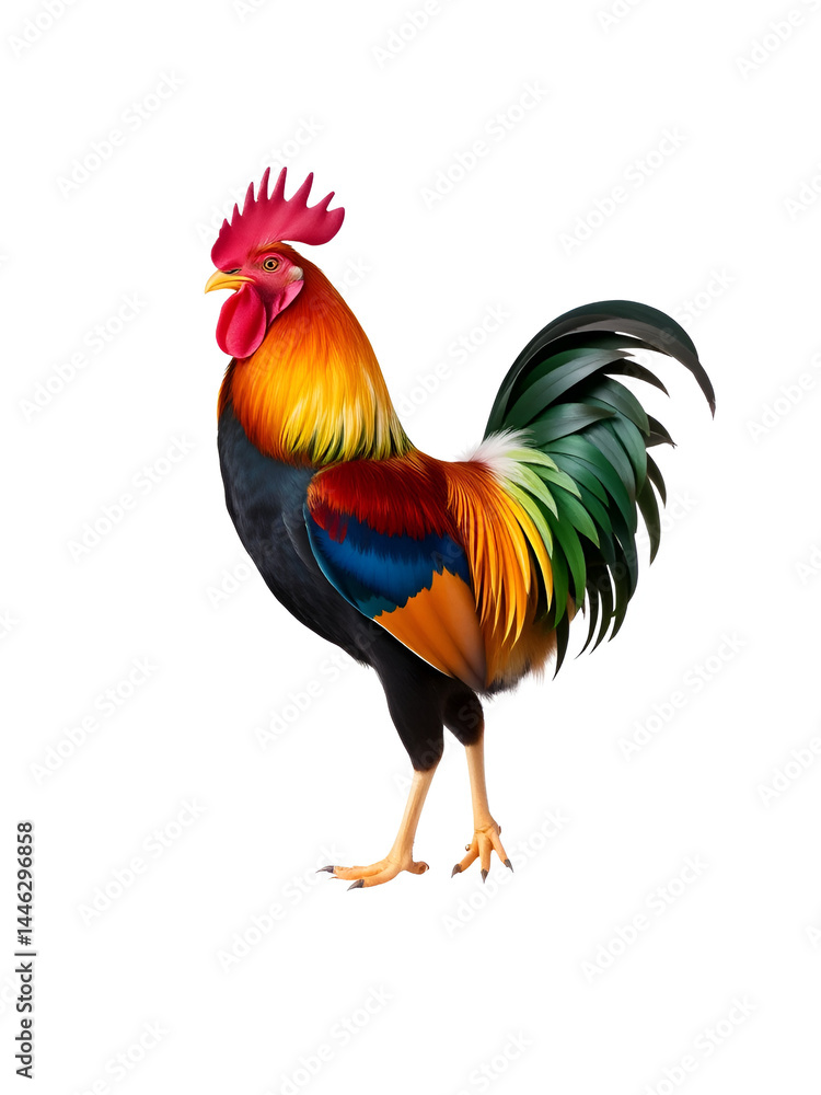 Fototapeta premium A colorful rooster standing isolated on the white background.