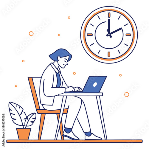 Woman Typing on Laptop at Desk with Clock, Plant Pot in Outline Style