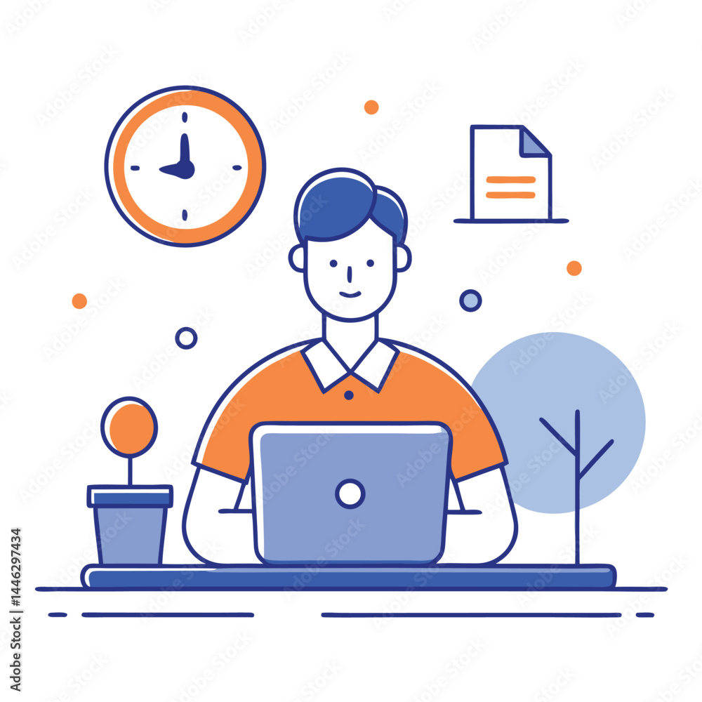 Flat Design Male Using Laptop with Clock, Plant, Tree, Document, Orange, Blue Tones Flat Design Male Using Laptop with Clock, Plant, Tree, Document, Orange, Blue Tones