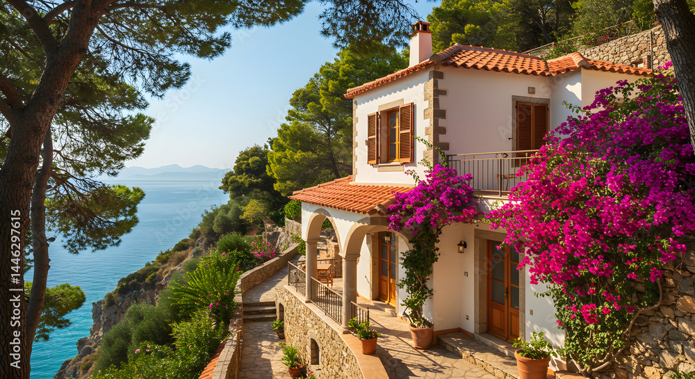 Fototapeta premium Picturesque Seaside Villa Adorned With Bougainvillea Flowers In A Serene Coastal Setting