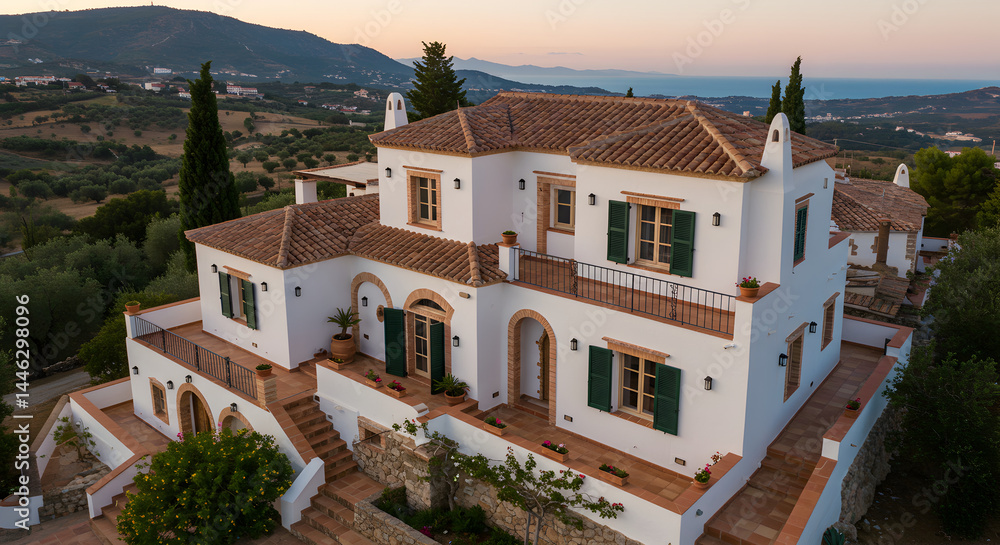 Obraz premium Stunning Spanish Villa With Terracotta Roof Tiles Overlooking Rolling Hills